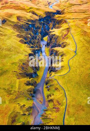 Fjadrargljufur Canyon im Süden Islands bei Sonnenuntergang, nachbearbeitet in HDR Stockfoto