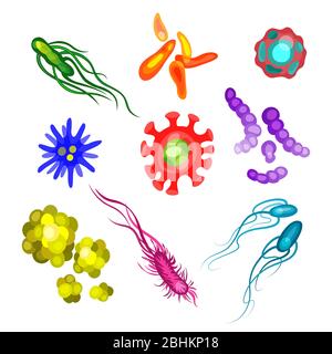 Nette Bakterien, Virus, Keim Zeichentrickfigur gesetzt. Mikroben und Krankheitserreger-Vektorsymbole isoliert auf Hintergrund. Stock Vektor