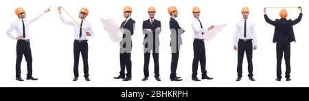 Panorama Foto Collage von qualifizierten Architekten isoliert auf weißem Stockfoto