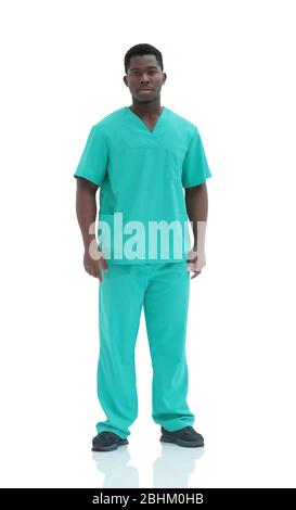 Im vollen Wachstum. medizinischer Arbeiter in blauer Uniform. Stockfoto