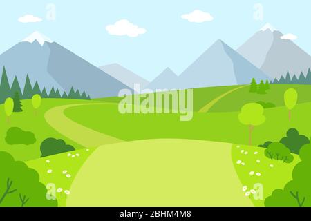 Berglandschaft flach Cartoon Stil. Outdoor-Aktivitäten im Sommer. Park, grüne Gras Outdoor Berge ländliche Landschaft. Schöne Wiese Vektor Illustration. Stock Vektor