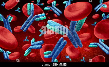 Antikörper im Blut und Immunglobulin Konzept als Antikörper, die in einem menschlichen Körper als 3D-Illustration fließen. Stockfoto