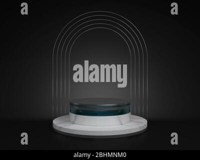 3d-Rendering von weißem Marmor mit silbernem Sockel isoliert auf schwarzem Hintergrund Gedenktafel, Zylinder Schritte, abstrakt minimales Konzept, Leerraum Stockfoto