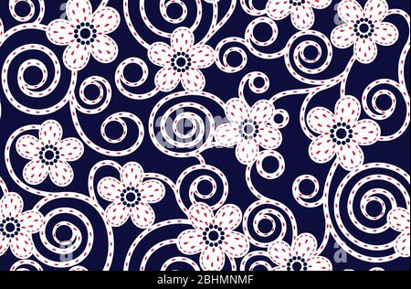 Nahtlose abstrakte Blumenmuster mit marineblauen Hintergrund Stockfoto