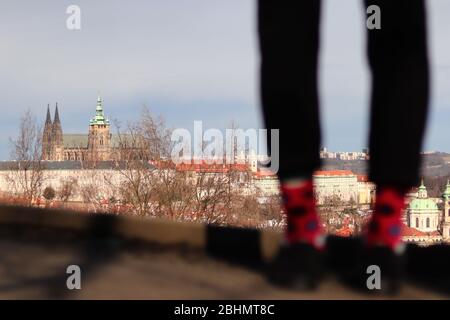 Blick auf die Prager Burg und die St.-Veits-Kathedrale. Panoramablick vom Aussichtsturm Petrin. Prag, Tschechische Republik Stockfoto