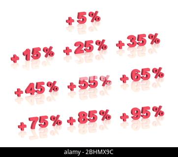 Satz von Plus-Prozent. Zahlen der roten Farbe mit Plus-Symbol eine glänzende weiße Oberfläche. 3d-Rendern Stockfoto