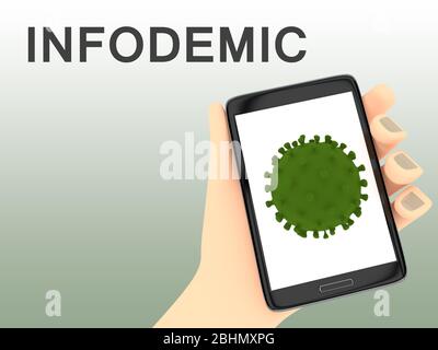 3D-Darstellung eines Corona-Virus auf dem Bildschirm eines handgeschiedenen Handy mit dem Skript INFODEMIC im Hintergrund. Stockfoto