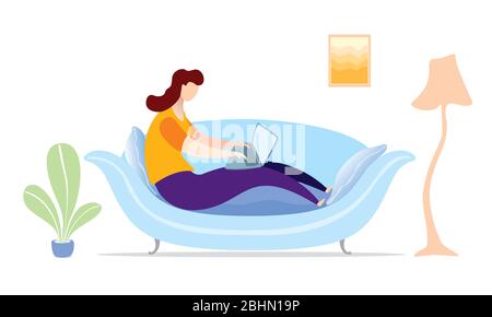 Arbeit von zu Hause Frauen sitzen auf dem Sofa arbeiten mit Laptop Stock Vektor