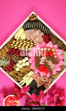 Schokolade Dessert Charcuterie Weideplatte mit einer großen Auswahl an dunklen, Milch, weiß und rubinroten Schokolade auf modernem rosa Hintergrund für Muttertag oder Stockfoto