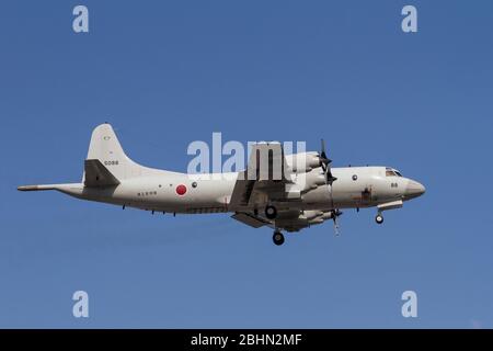 Ein Lockheed P-3C Orion Aufklärungsflugzeug mit Flottenflügel 4 der japanischen Maritime Self Defense Force (JMSDF), der in der Nähe des Atsugi-Luftwaffenstützpunktes fliegt Stockfoto