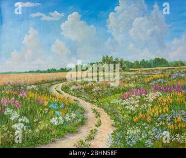 Sommer Landschaft und Landstraße auf Leinwand von Hand gezeichnet. Blühendes Frühlingsfeld. Sonniger Tag, blauer Himmel mit hellen Wolken. Original Ölgemälde auf Stockfoto