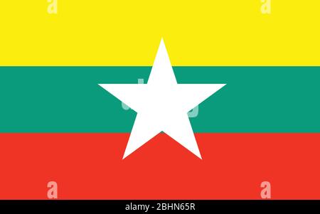 Myanmar Flagge Vektorgrafik. Rechteckige Abbildung der Flagge von Myanmar. Die Landesflagge Myanmars ist ein Symbol für Freiheit, Patriotismus und Unabhängigkeit. Stock Vektor