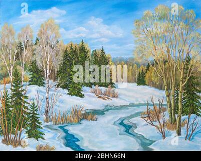 Winter blauen Himmel Landschaft mit Fluss. Russland. Original Ölgemälde. Stockfoto
