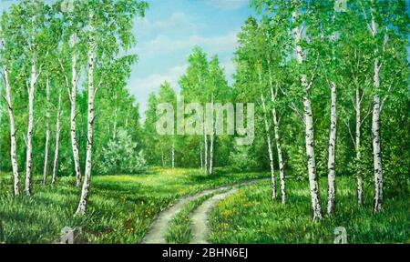 Sommer ländliche Landschaft in Russland. Birchwood und Landstraße. Original Ölgemälde auf Leinwand. Gemälde des Autors. Stockfoto