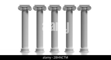 Säulen Säulen antiken griechischen Stein Marmor, vier ionischen Stil Sockeln, isoliert vor weißem Hintergrund, vertikal. 3d-Darstellung Stockfoto