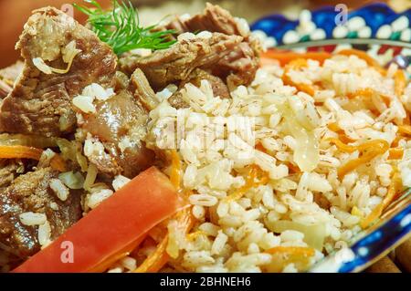 Chorezmskiy usbekischen plov Chalov, authentische Reis und Lamm Gericht für eine Party aus dem Herzen von Mittelasien Stockfoto