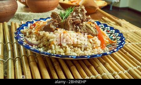 Chorezmskiy usbekischen plov Chalov, authentische Reis und Lamm Gericht für eine Party aus dem Herzen von Mittelasien Stockfoto