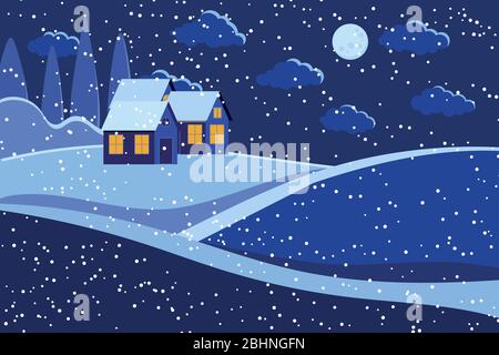 Nacht Winter Landschaft Szene mit Mond und Häuser. Stock Vektor