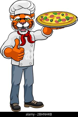 Tiger Pizza Chef Cartoon Restaurant Mascot Stock Vektor