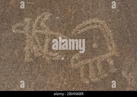 Alte Petroglyphen von Jägern und Ibex bei Langar auf Felsen und Berg im Wakhan-Korridor in Tadschikistan. Stockfoto