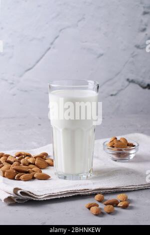 Frische Mandelmilch in transparentem Glas und Mandeln auf grauem Betongrund, gesunder veganer Milchaustauschstoff, Vertikal, Closeup Stockfoto