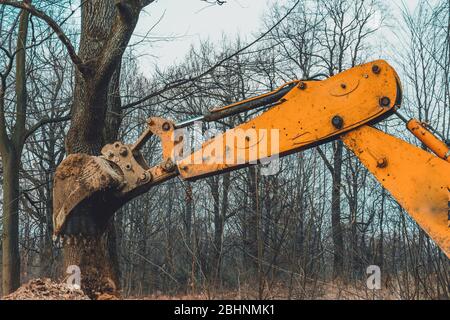 Ein gelber rostiger Industriebagger mit einem Eimer, der auf dem Boden liegt und den Boden auf einer Baustelle in einem Teichwald gräbt. 2020 Stockfoto