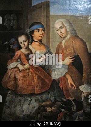 Casta-Gemälde. Aus Spanien (rechts) und Mestiza (Mitte), Castiza (Kind), 1763. Miguel Cabrera (1695-1768). Maler von Neuspanien. Barocker Stil. Vizekönigreich von Neuspanien. Mexiko. Original Titel: De español y mestiza, castiza. Nordamerika. Öl auf Leinwand. Museum of the Americas. Madrid, Spanien. Stockfoto