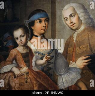 Casta-Gemälde. Aus Spanien (rechts) und Mestiza (Mitte), Castiza (Kind), 1763. Detail. Miguel Cabrera (1695-1768). Maler von Neuspanien. Barocker Stil. Vizekönigreich von Neuspanien. Mexiko. Original Titel: De español y mestiza, castiza. Nordamerika. Öl auf Leinwand. Museum of the Americas. Madrid, Spanien. Stockfoto