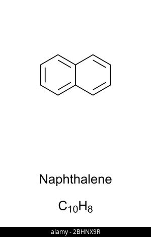 Naphthalin Skelettformel und Molekülstruktur. Die einfachste polyzyklische aromatische Kohlenwasserstoff, PAH, Hauptbestandteil der traditionellen Mothrugeln. Stockfoto