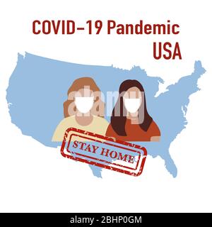 Vektor-Illustration USA Karte Covid-19 Menschen in Schutzmasken. Quarantäne. Pandemie. Stoppen Sie die Ausbreitung des Corona-Virus 2019-nCoV Schutz, Infektion Stock Vektor