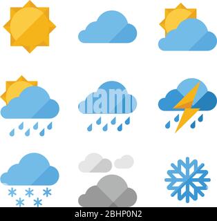 Wetter-Ikonen im flachen Stil mit Wolken, Sonne, Regen und Schnee Stock Vektor