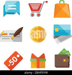 Shopping im flachen Stil mit Business und Geld-Ikonen. Stock Vektor