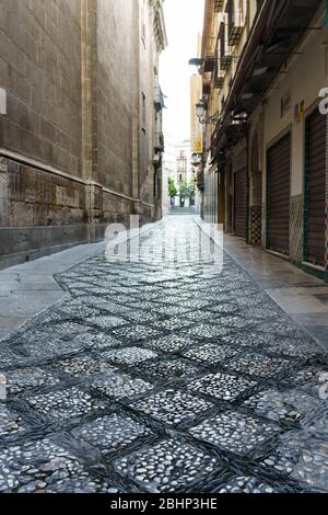 GRANADA, SPANIEN, 23. APRIL 2020 Blick auf die menschenleere Straße Oficios Stockfoto