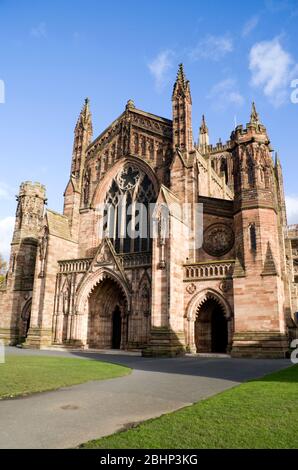 Westfassade der Kathedrale von Hereford, Hereford, England. Stockfoto
