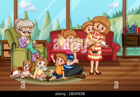 Szene mit Menschen zu Hause bleiben mit Familie Illustration Stock Vektor