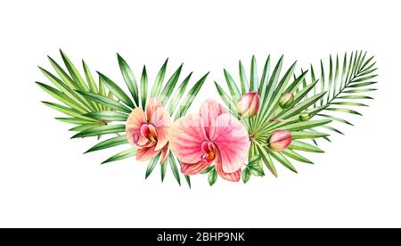 Aquarell Orchidee Bogen. Große orange und rosa Blüten, Palmblätter. Handgemalte florale tropischen Hintergrund. Botanische Illustrationen isoliert auf weiß Stockfoto
