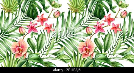 Aquarell tropisch nahtlose Muster. Orchideenblüten und Palmblätter, Monstera, Kokosnuss isoliert auf weiß. Botanical Hand gezeichnet floralen Hintergrund für Stockfoto