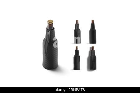 Leere schwarze zusammenklappbare Bierflasche Koozie Mock up, verschiedene Ansichten Stockfoto