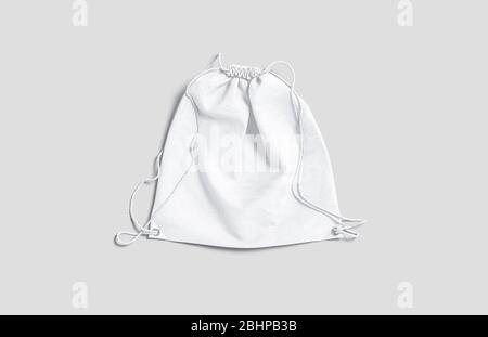 Blank weißen Kordelzug Rucksack Mockup liegend, Draufsicht Stockfoto