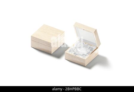 Offene und geschlossene Geschenkschachtel aus blankem Holz mit Seidenmockup Stockfoto