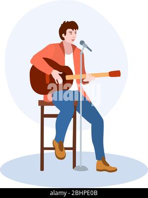 Ein Sänger sitzt auf EINEM hohen Stuhl mit EINER Gitarre Vektor-Illustration aus Hobbies Sammlung. Flache Cartoon-Illustration isoliert auf weiß Stock Vektor