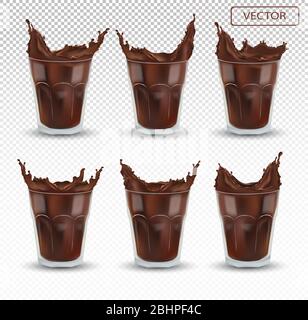 3D realistischer Schokoladenspritzer im transparenten Glas. Große Sammlung Kakao oder Kaffee. Schokoladengetränk, Cocktail auf transparentem Hintergrund isoliert. Symbolsatz. Vektorgrafik. Stock Vektor