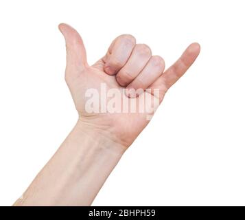 Die Hand des Mannes zeigt ein Schild, um einen Anruf zu tätigen. Isoliert auf weißem Hintergrund. Stockfoto