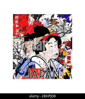 Japanische Geisha in traditionellem Kimono - Vektorgrafik – Japanische Schriftzeichen Bedeutung: Beauty Love Peace Harmony Japan gleiche Schriftzeichen im stam Stock Vektor