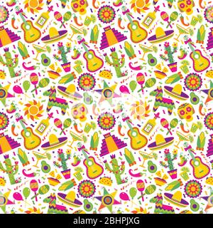 Nahtlose Vektor-Muster mit mexikanischen Elementen - Gitarre, Sombrero, Tequila, Taco, Totenkopf auf weiß. Perfekte künstlerische Hintergrund für Ihr Design. Stock Vektor
