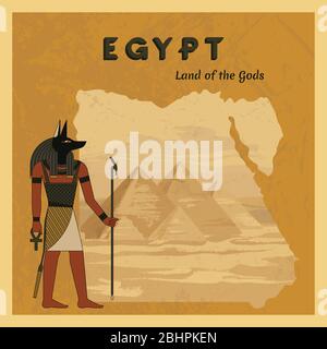 Der alte ägyptische gott Anubis malte vor dem Hintergrund der Karte von Ägypten mit Pyramiden. Stock Vektor