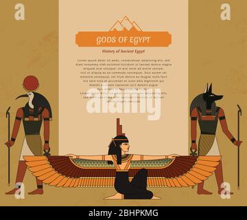 Eine Präsentationsvorlage mit Göttern des alten Ägypten Thoth, Anubis und Isis. Stock Vektor