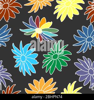 Mehrfarbige Gänseblümchen nahtloses Muster mit weißem Strich mit Regenbogenfarben auf einem dunkelgrauen Hintergrund gemalt. Stock Vektor