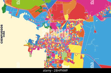 Bunte Vektorkarte von Cienfuegos, Cienfuegos, Kuba. Art Map Vorlage für selbstdruckende Wandkunst im Querformat. Stock Vektor