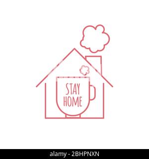 Bleib zuhause Ikone mit Haus und Tasse Kaffee oder Tee. Vektor minimale Liniendarstellung Stock Vektor